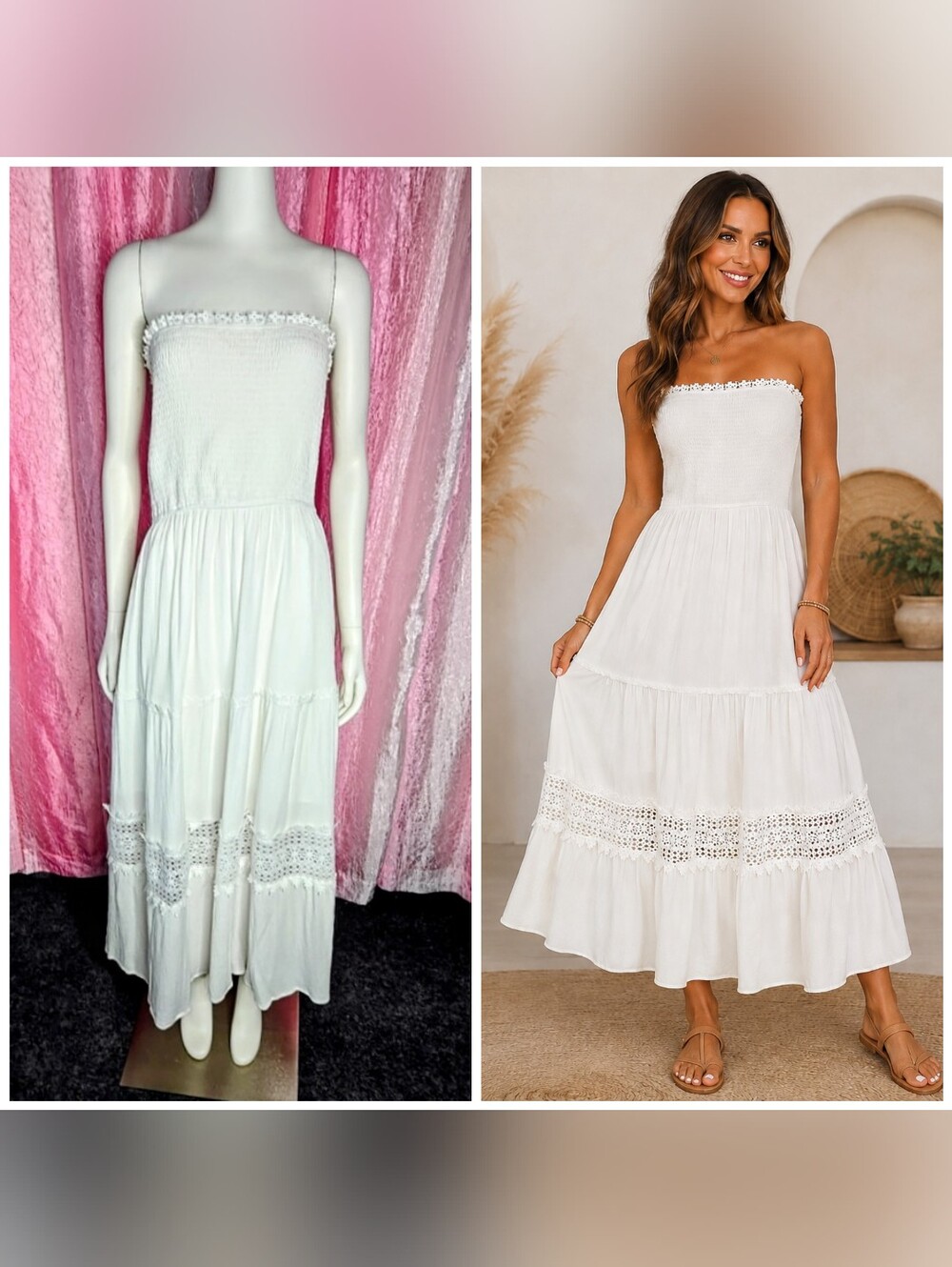 Zesica Strapless White Boho Smocked Embroidered Tiered Midi Dress Size Large